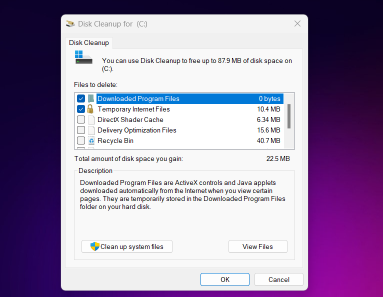 Removing unwanted files with the Disk Cleanup utility. 