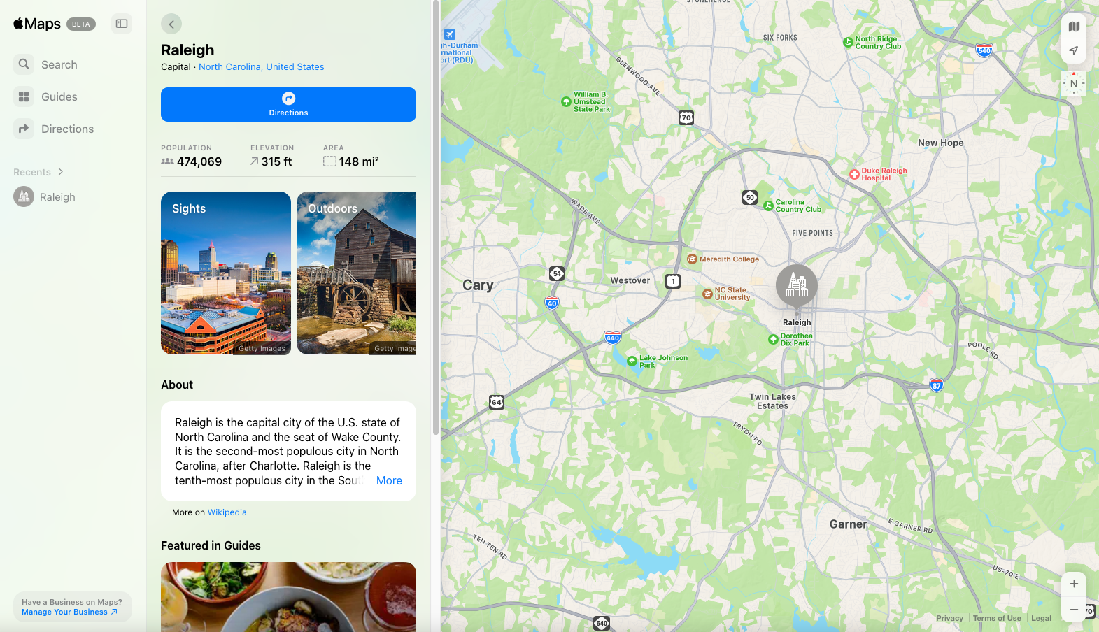 Screenshot of Raleigh, NC in the Apple Maps web app.