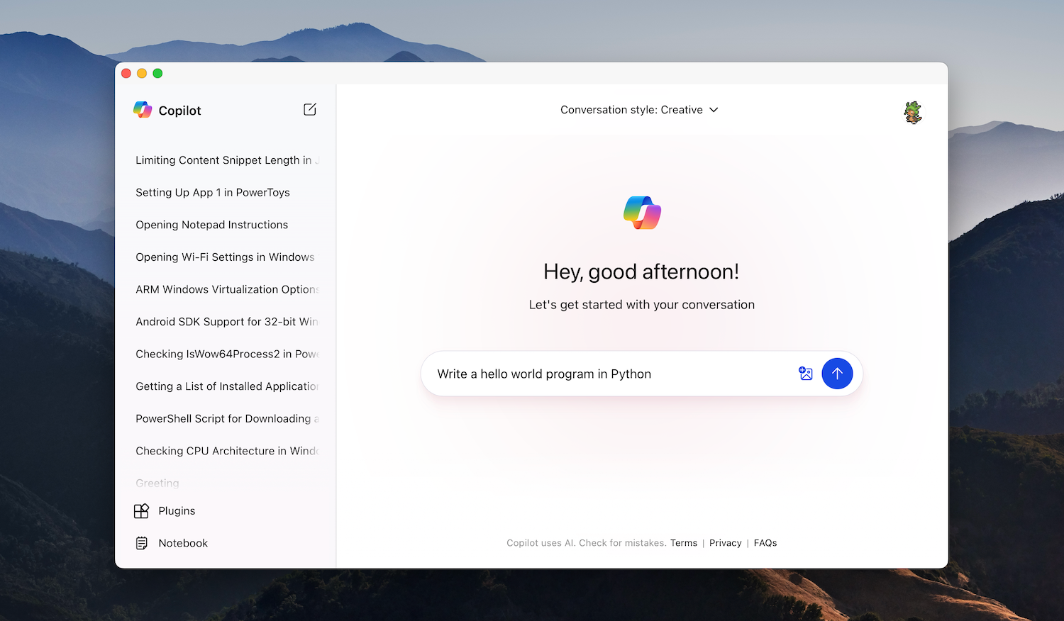 Screenshot of Copilot web app on a Mac.