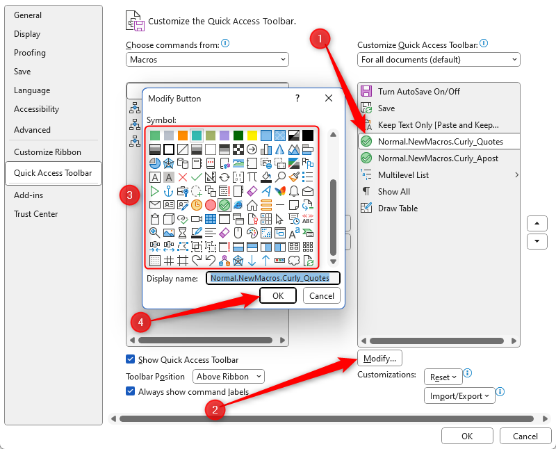 The Modify button in Word's Quick Access Toolbar options is selected, and a new icon has been chosen for the macro.