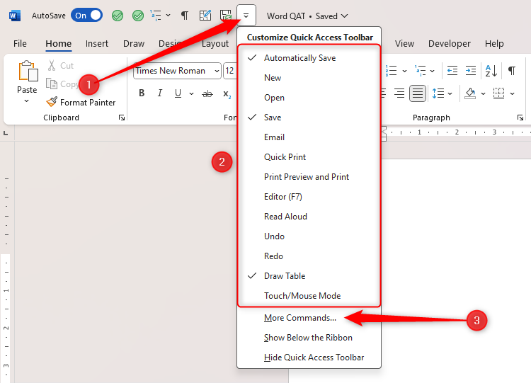 The Customize Quick Access Toolbar menu in Word, with More Commands selected.