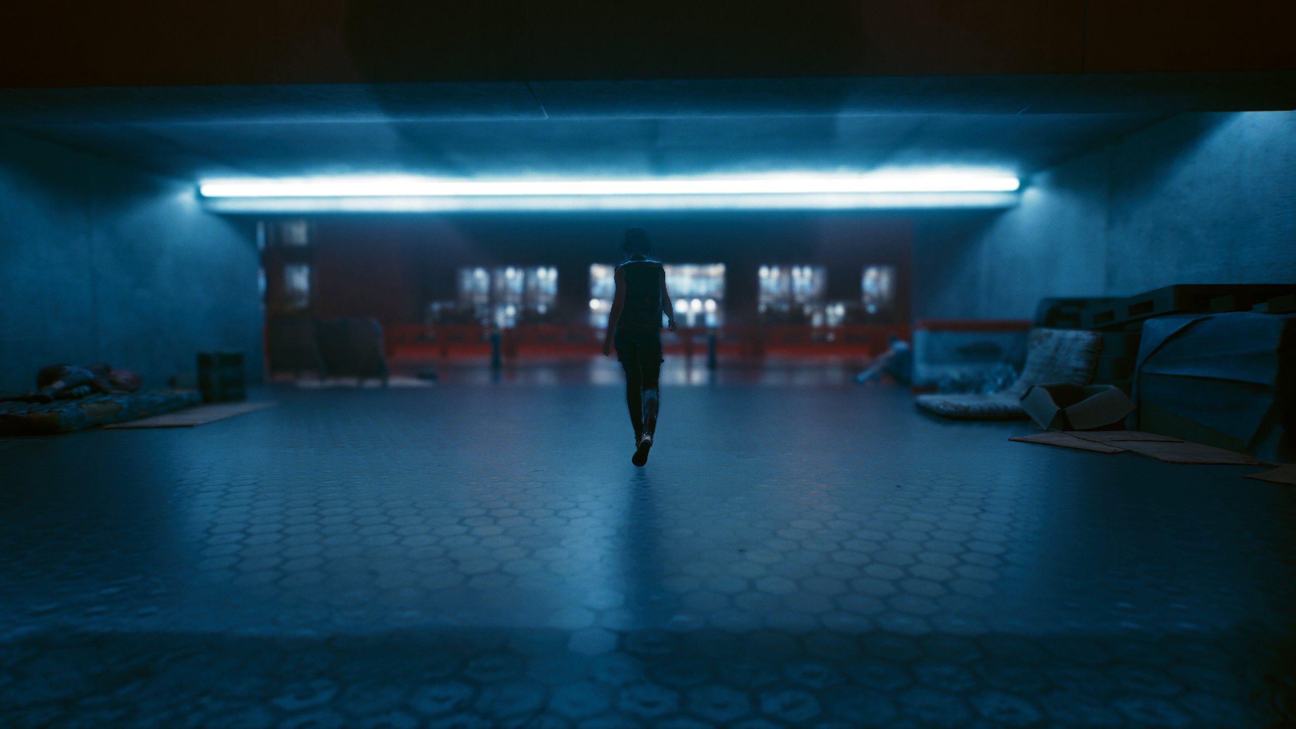 Cyberpunk pretty lights under a walkway,