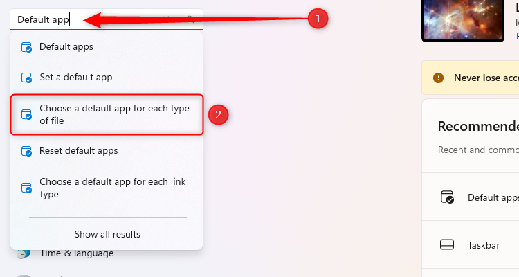 Default App is typed into the Windows 11 Settings search bar, and Choose A Default App For Each Type Of File is selected.