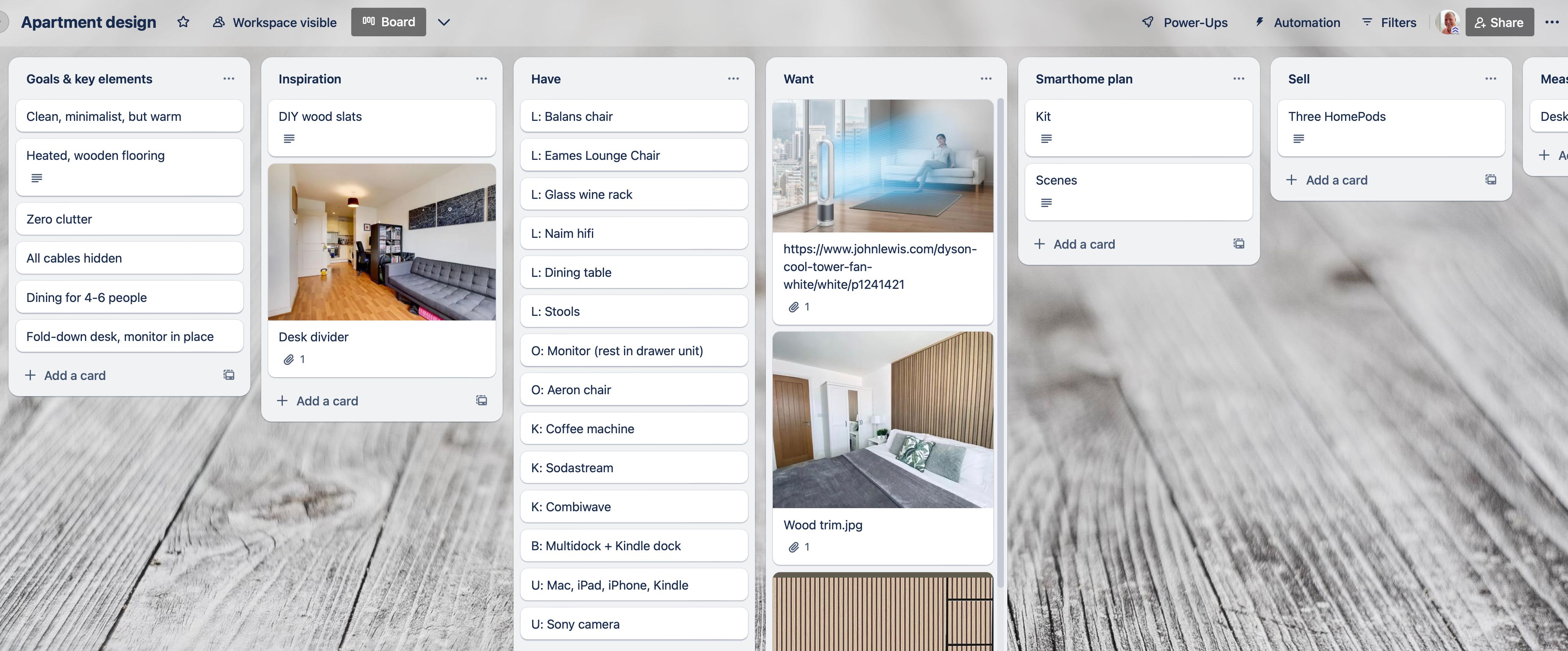 A Trello board showing apartment design considerations. 