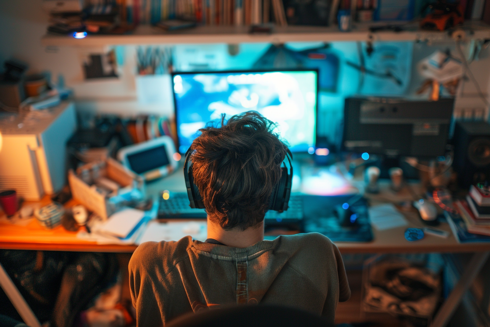 A gamer at a desk.