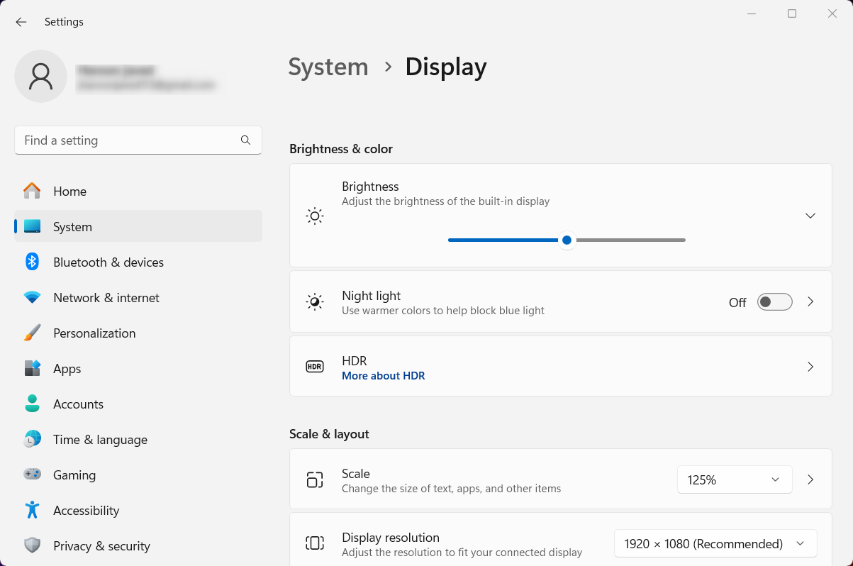 The Display settings menu of the system.
