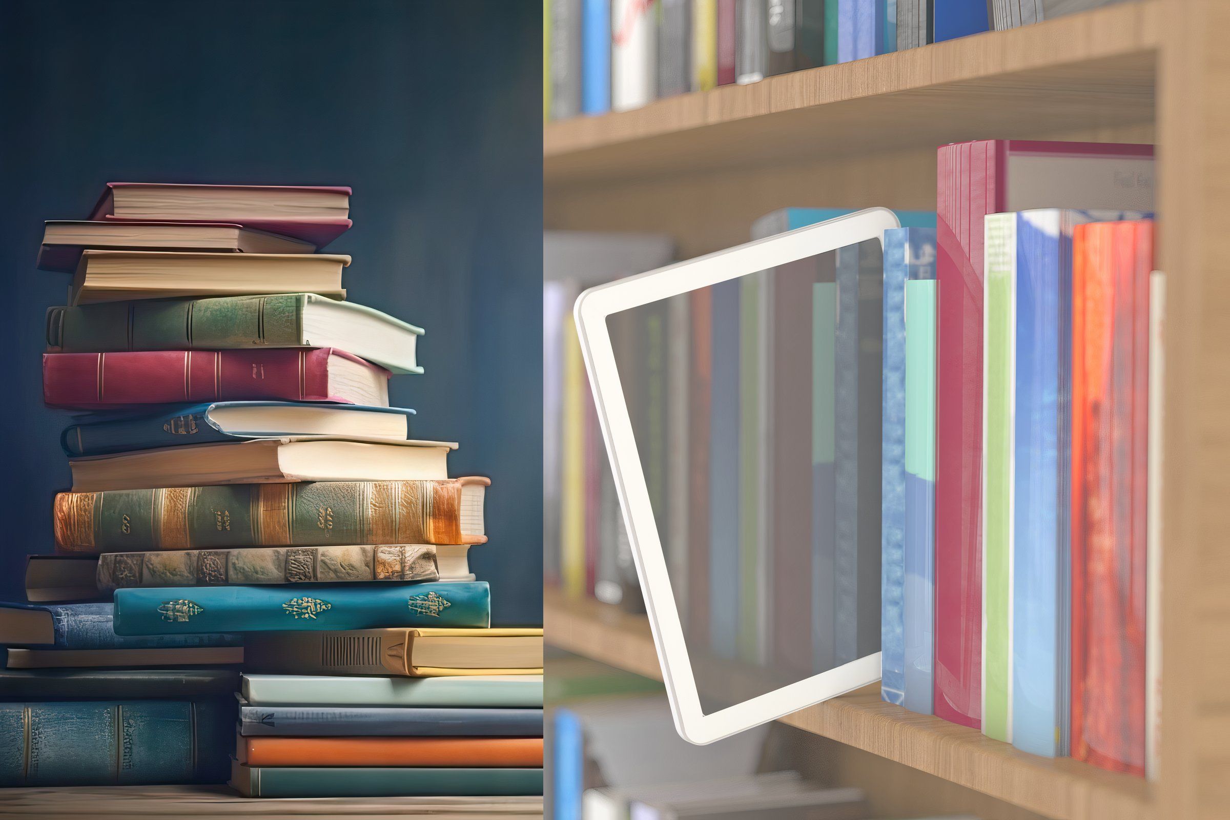 Ebook reader coming out among shelves with a pile of books in the foreground