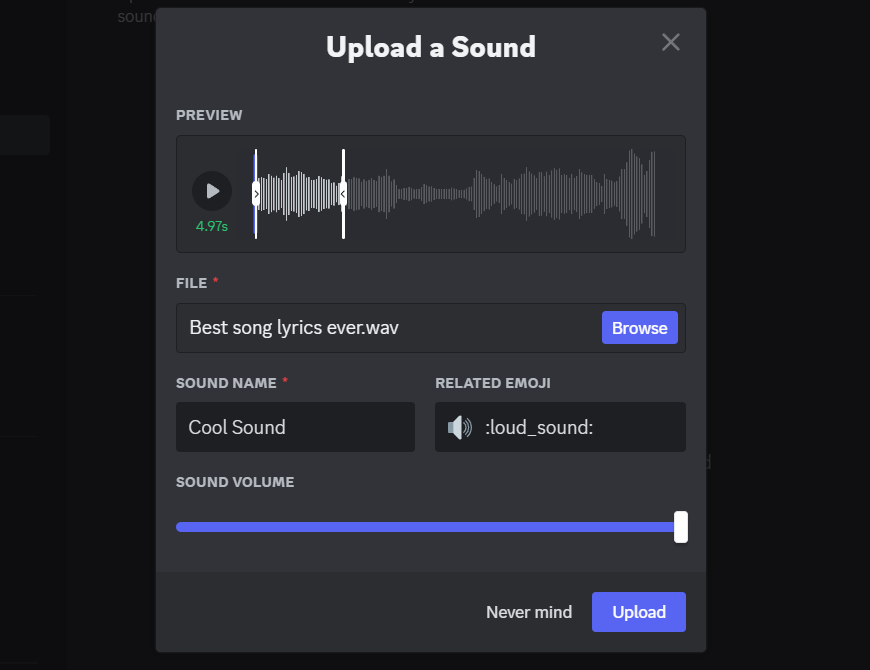 Editing and uploading a sound to your Discord soundboard.