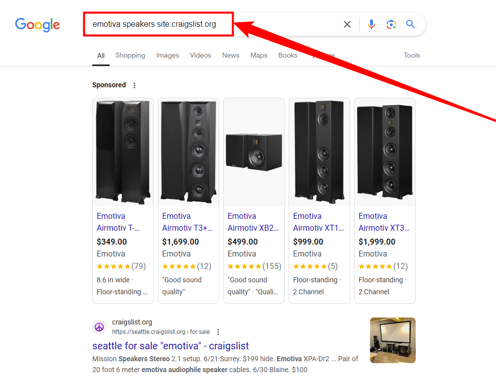 Searching for Emotiva speakers on Craigslist using Google. 