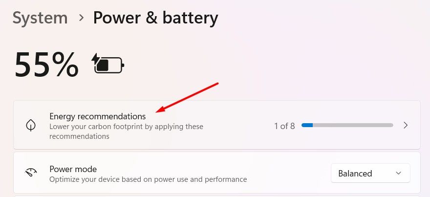 Energy Recommendation option in the Settings app.