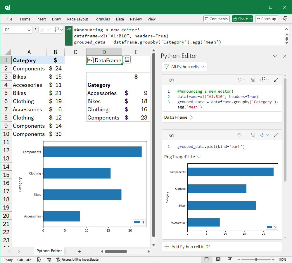 Screenshot of Excel Python Editor.