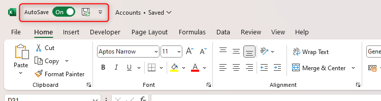 Excel's Quick Access Toolbar with AutoSave and Save as default options.