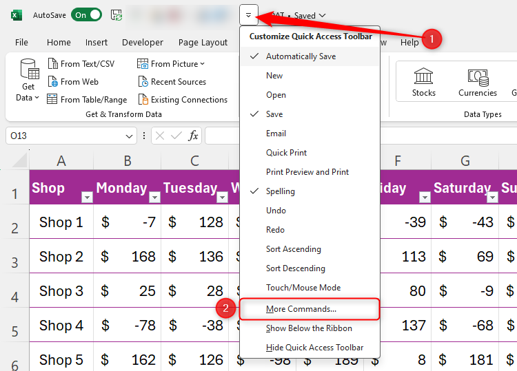 The Customize Quick Access Toolbar drop-down in Excel, with More Commands selected.