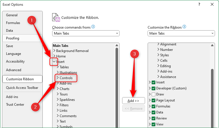 Excel's Customize The Ribbon menu with the Insert tab expanded, Controls selected, and the Add button highlighted.