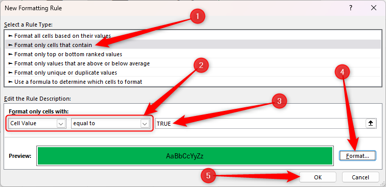 Excel's New Formatting Rule dialog box, with the cell fill set to green when the cell values equal TRUE.