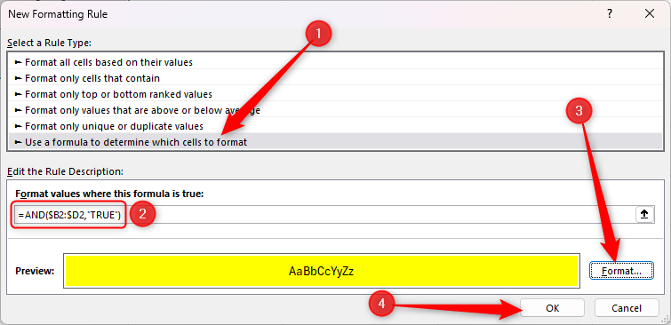 Excel's New Formatting Rule dialog box, with the cell fill set to yellow when the conditions are met.-1