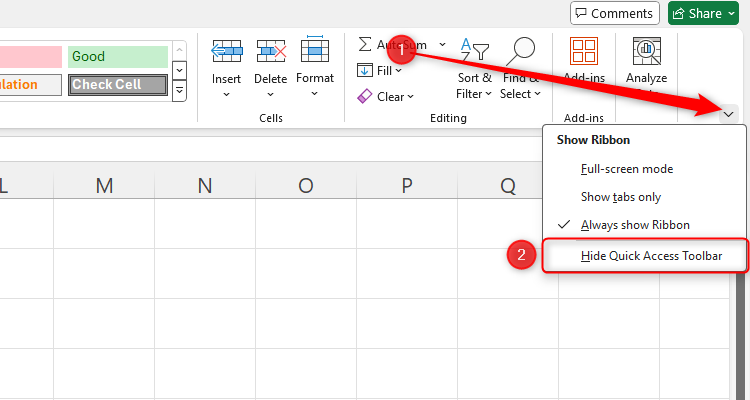 The Show Ribbon options in Excel.