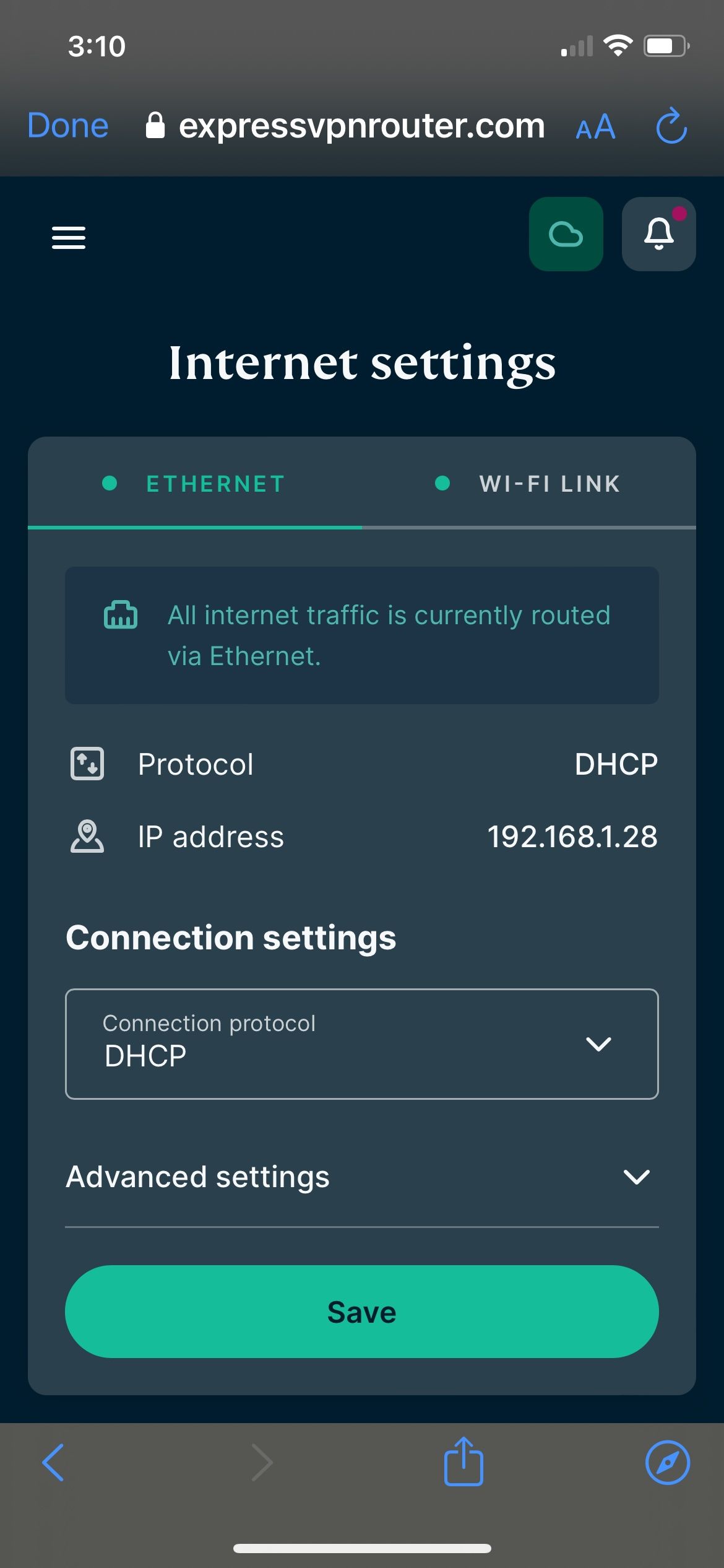 The ExpressVPN Aircove Go mobile settings