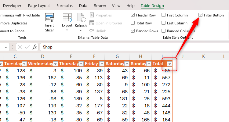 Excel's Filter Button in a table and shown in the Table Design tab on the ribbon.