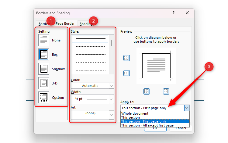 Words' Borders and Shading dialog box, with the Settings and Style sections highlighted, and the Apply To drop-down changed to This Section - First Page Only.