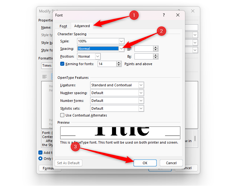 Word's Font dialog box with the Advanced tab opened, the Character Spacing set to Normal, and the OK button selected.