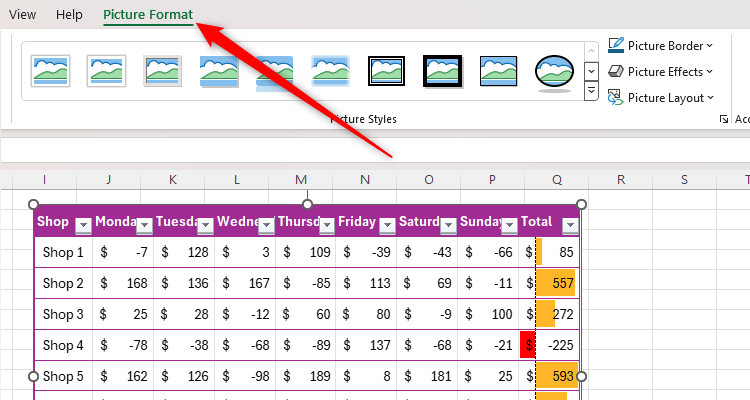An Excel sheet with the Format Picture tab highlighted.