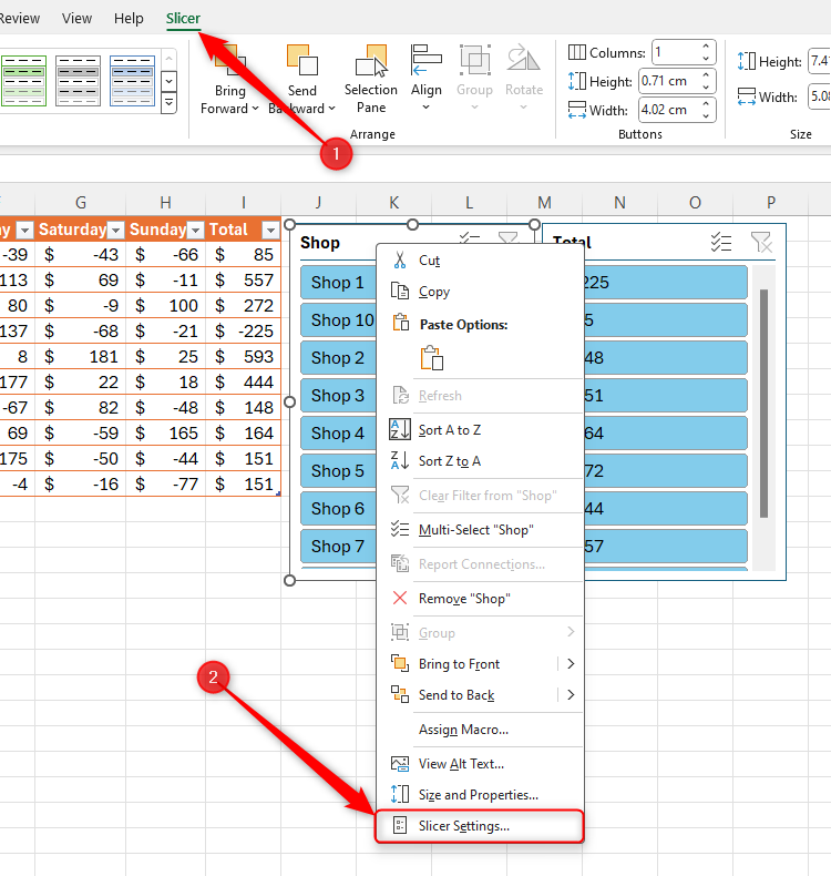 Excel's Slicers with the Slicer tab in the ribbon selected, and the Slicer Settings also highlighted.