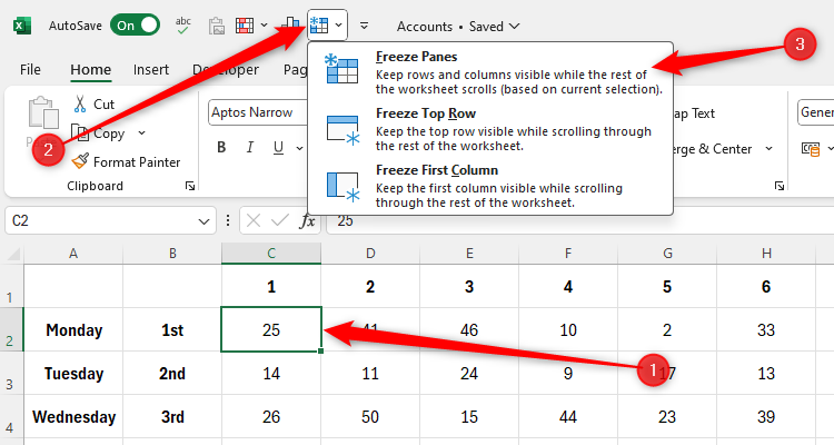 Excel's Quick Access Toolbar with the Freeze Panes drop-down expanded.