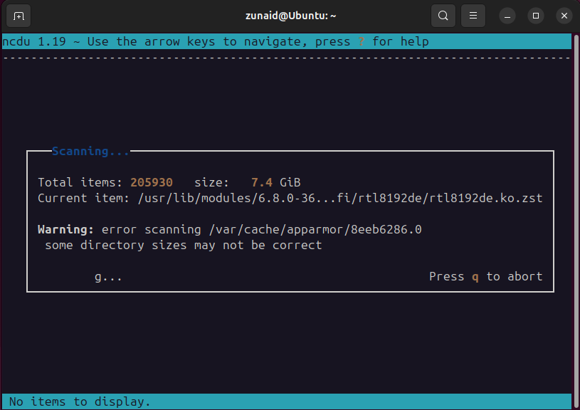 Full disk analysis using the ncdu command.