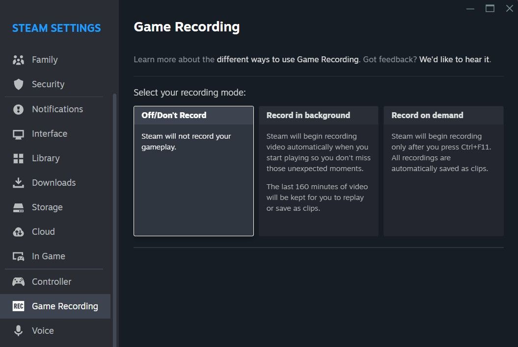 Game Recording option in the Steam Client.