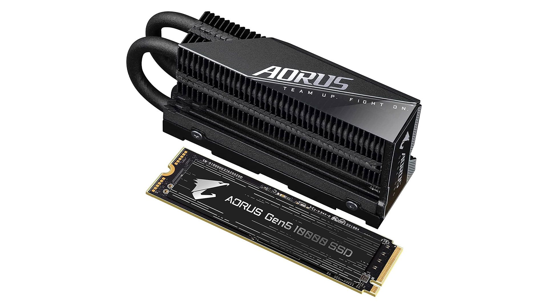 A Gigabyte AORUS PCIe 5.0 SSD with a massive heatsink. 