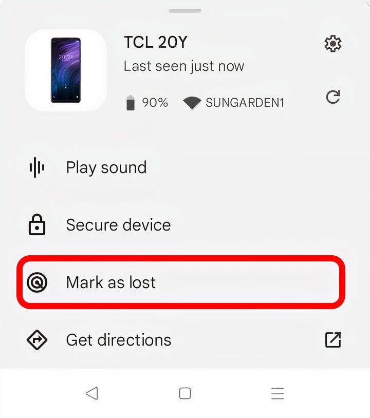 The Mark as Lost option select in the Google Find My Device app on Android.