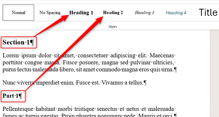 Headings in a Word document, each assigned to different Heading Styles