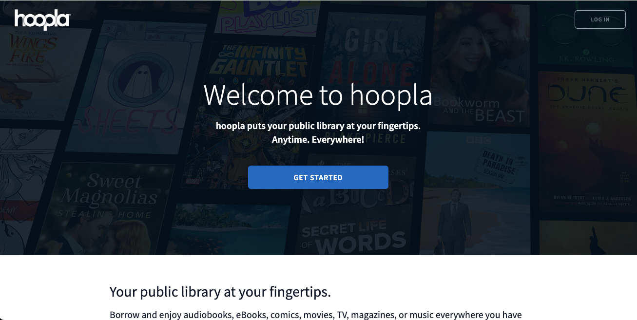 Screenshot of the homepage for Hoopla's website on a desktop computer. 