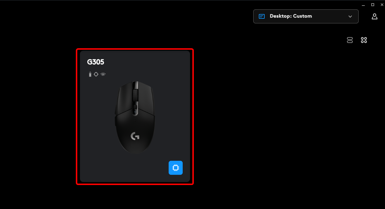 Logitech G Hub home screen showing the currently active mouse button. 