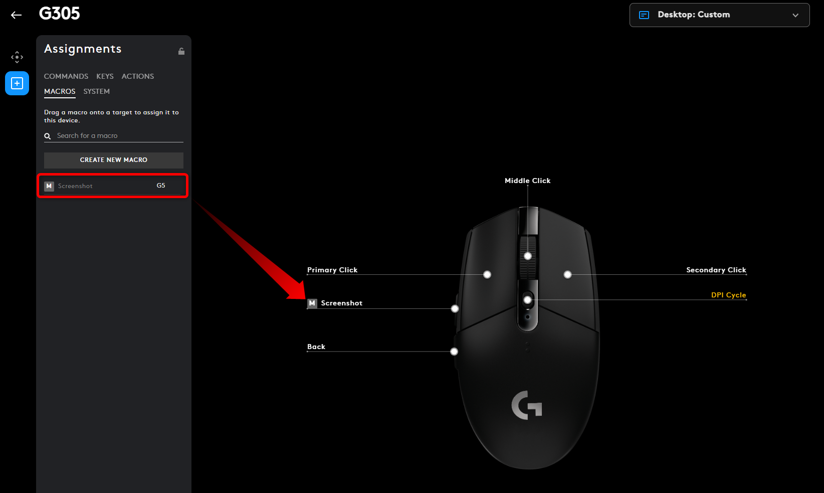 Assigning the screenshot macro to a mouse in Logitech G Hub. 