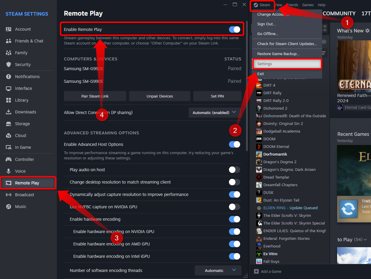 Steam Remote Play options menu. 