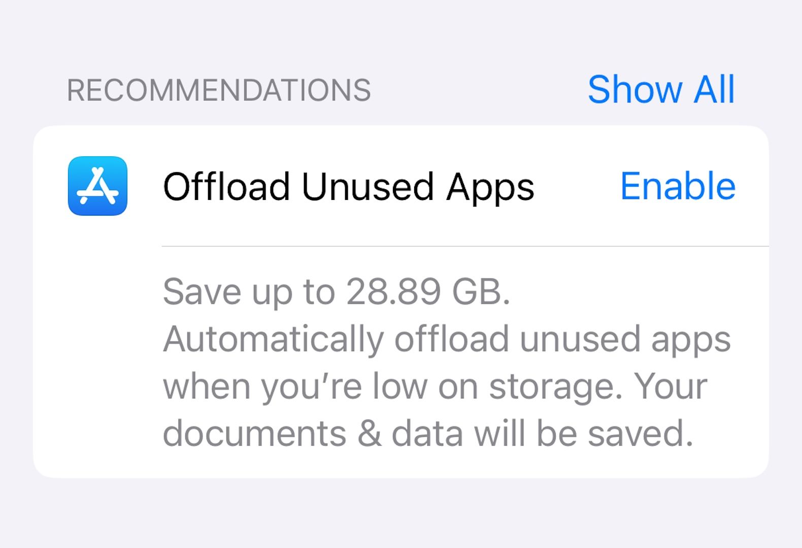 Automatic Offload Unused Apps option menu.