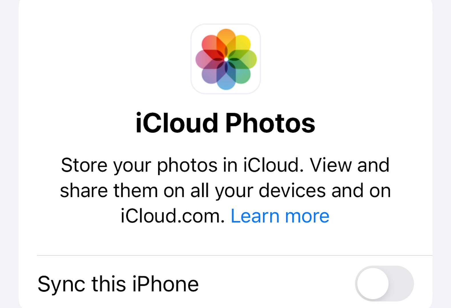 Sync This iPhone toggle for iCloud.