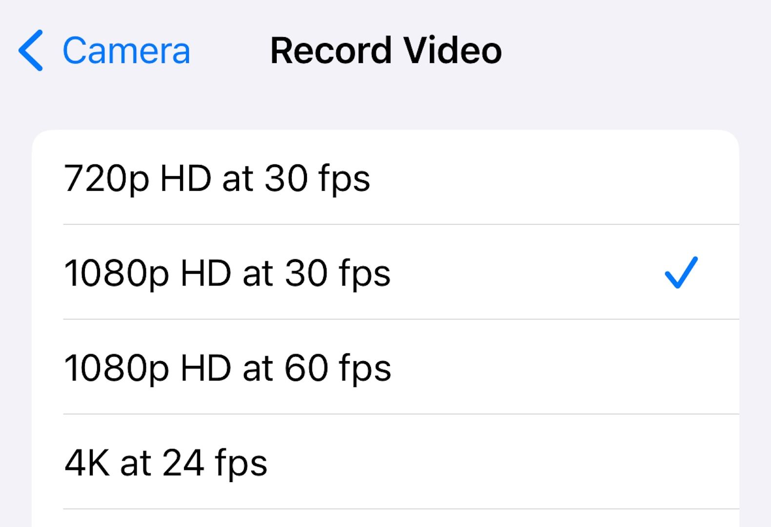 Record Video resolution and fps settings.