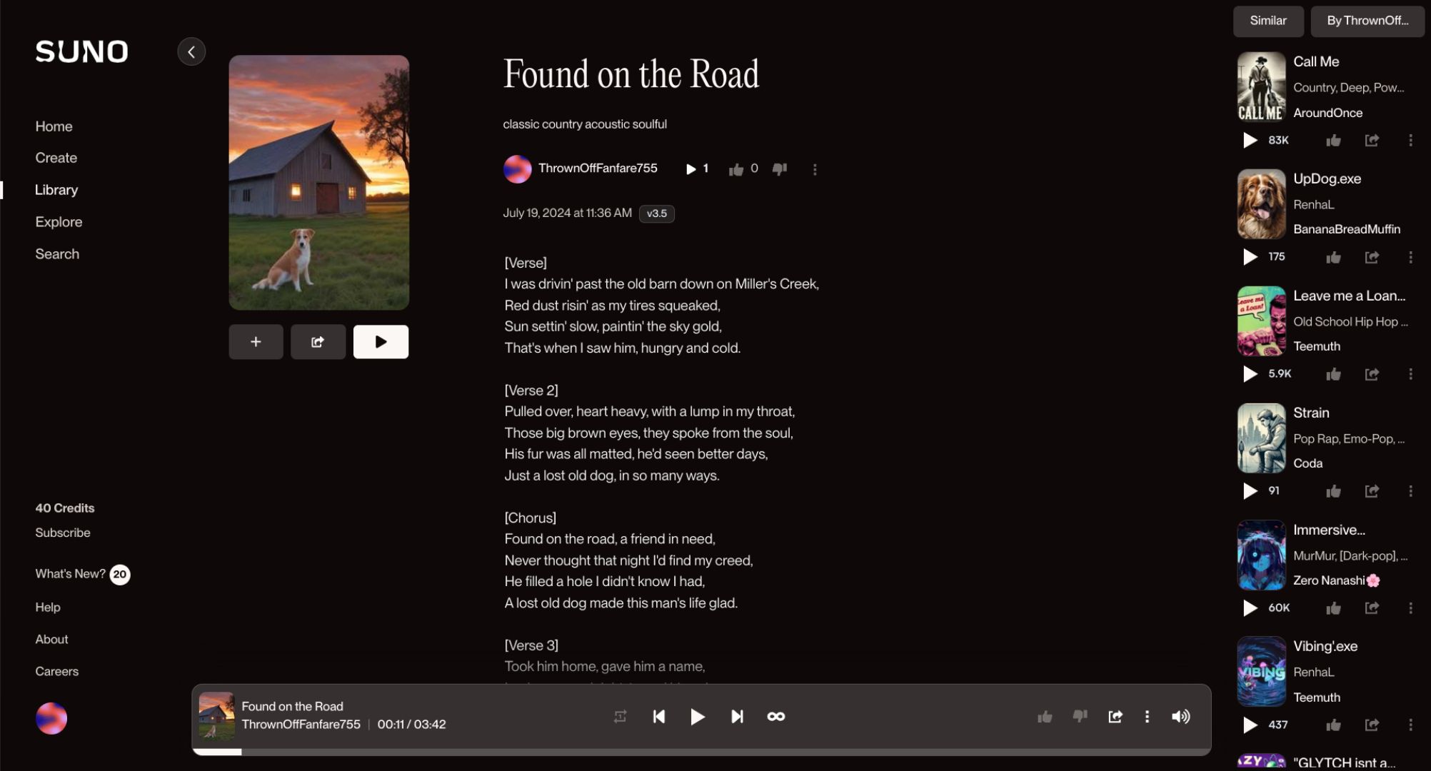 Screenshot of a generated song&rsquo;s page on Suno.