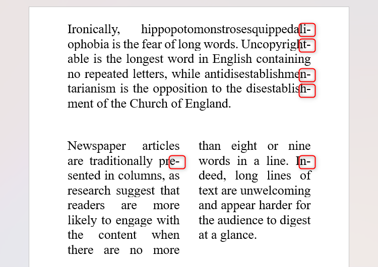 Hyphenated words in Microsoft Word, with the hyphens highlighted.