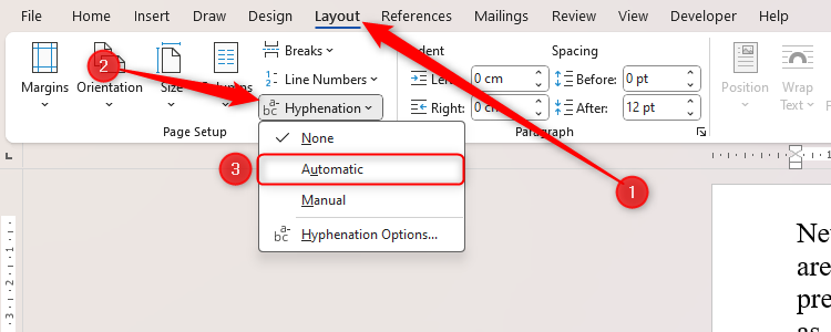 Microsoft Word's Automatic Hyphenation option, accessed through the Layout tab on the ribbon.
