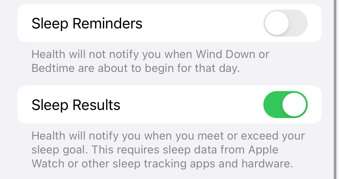 Toggle additional sleep results and reminders notifications in iPhone Health.