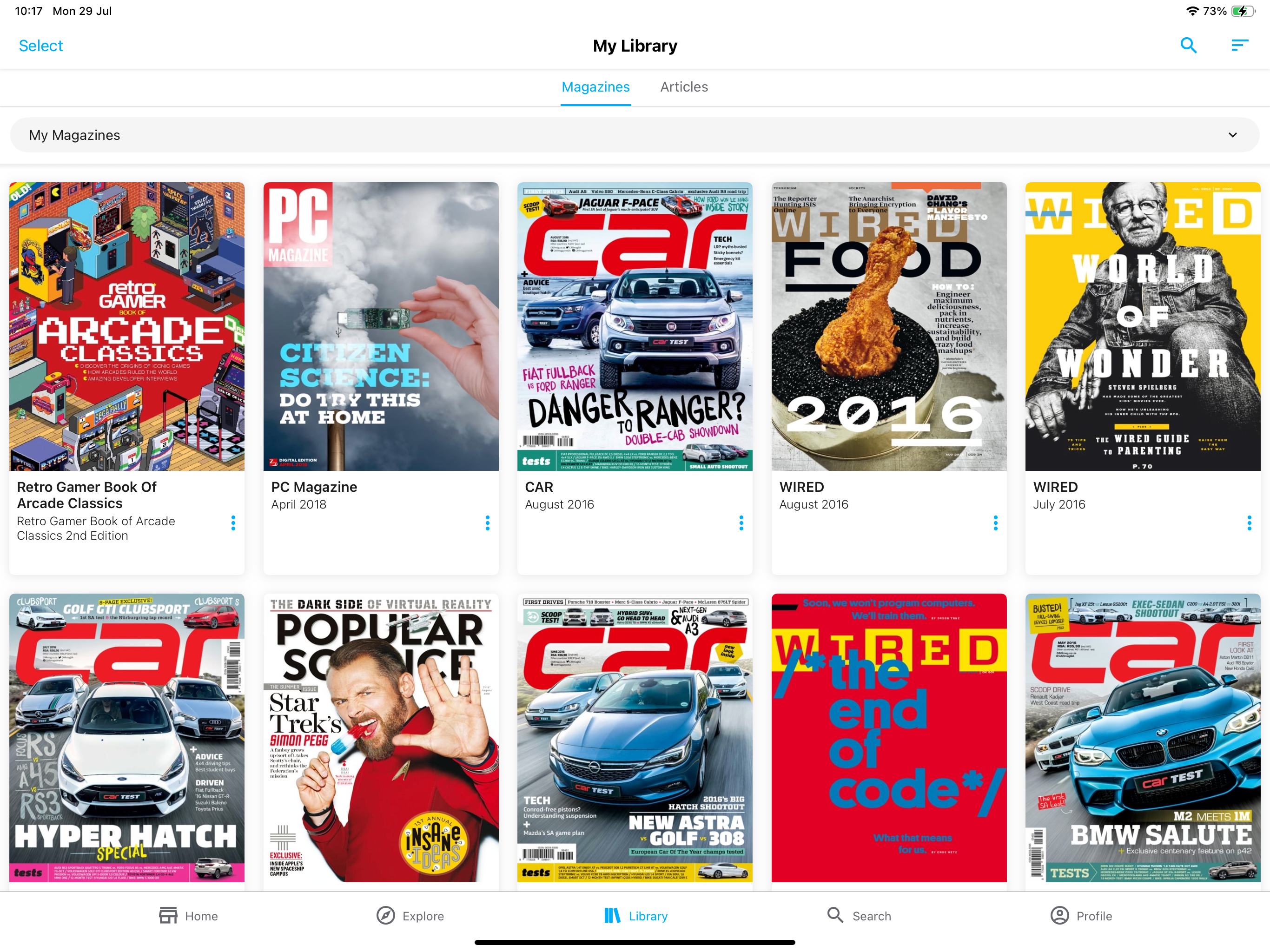A collection of digital magazine back issues in the Zinio app.