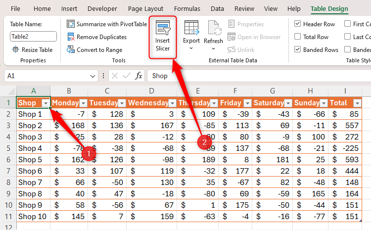 Excel's Insert Slicer option highlighted in the Table Design tab on the ribbon.