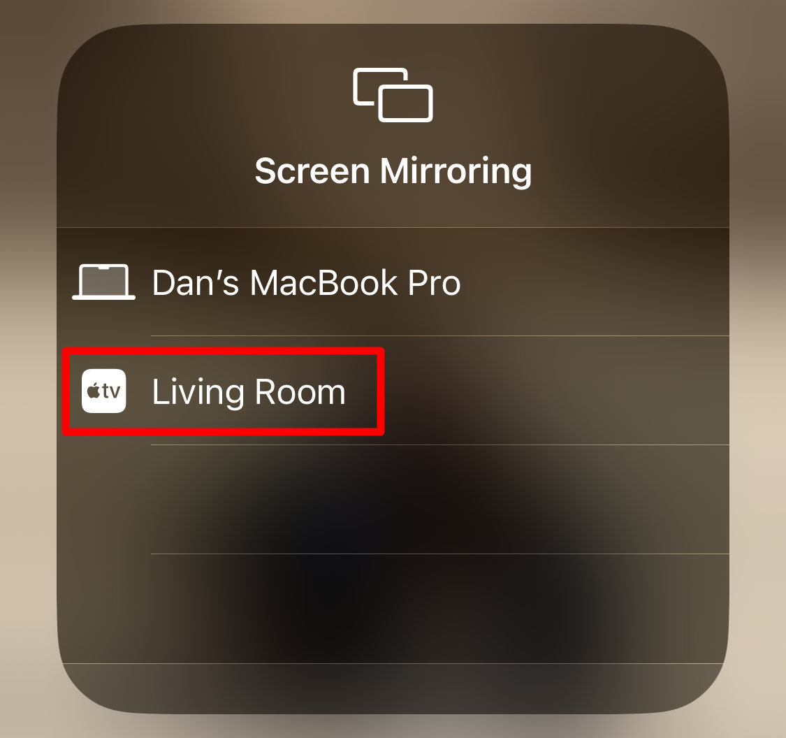 iPhone Screen Mirroring options highlighting Apple TV option.