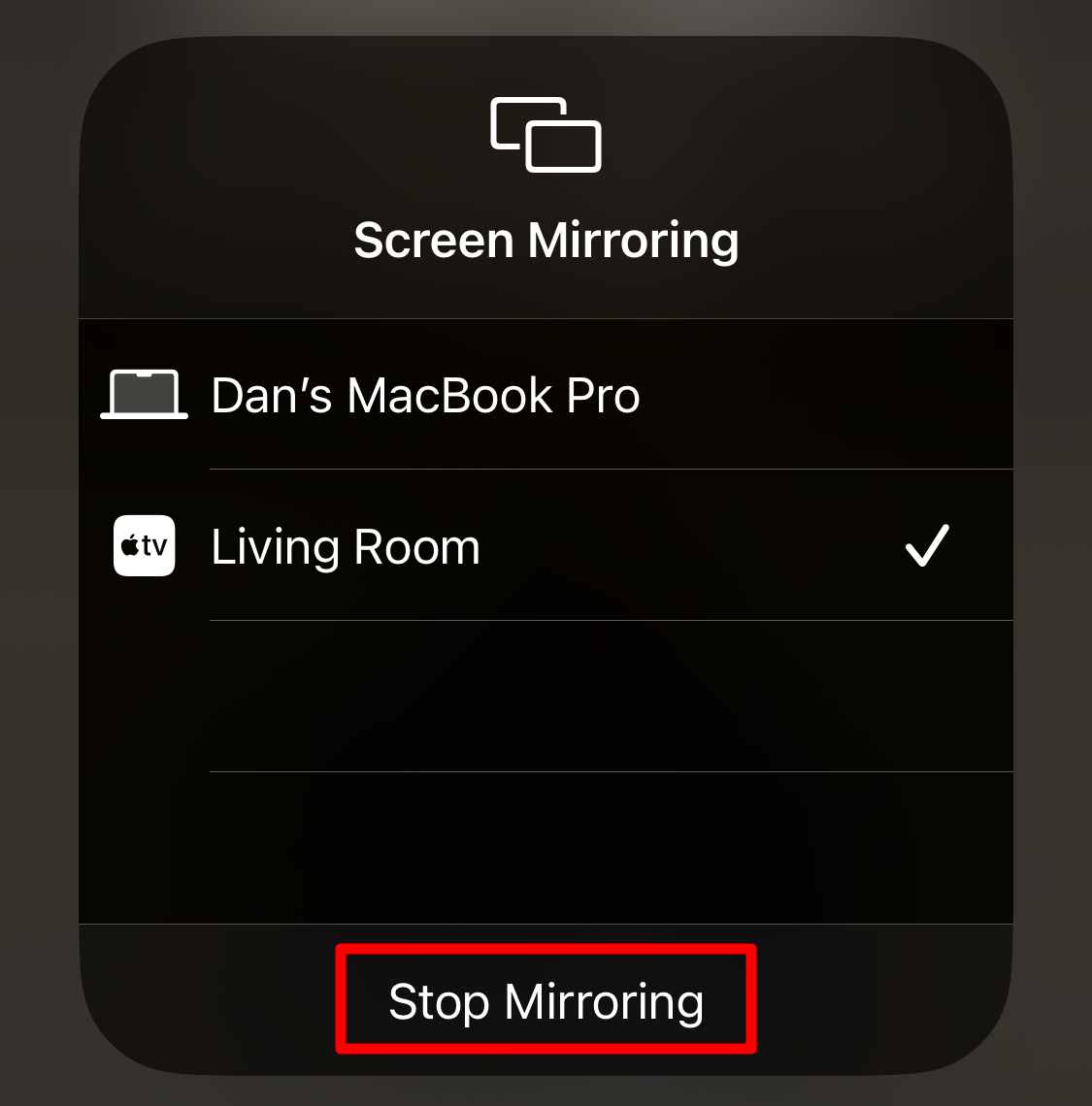 iPhone Screen Mirroring options highlighting option to 'Stop Mirroring.'