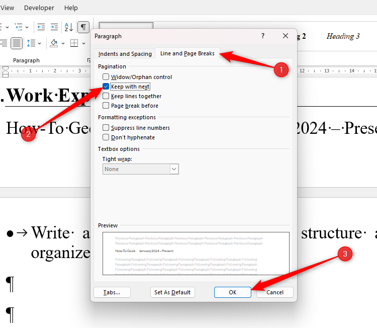 Word's Keep With Next setting in the Paragraph dialog box.