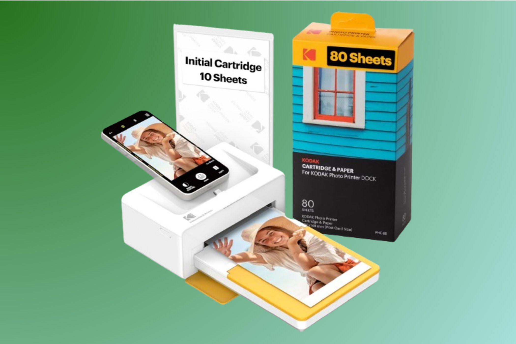 KODAK Dock Plus 4PASS Instant Photo Printer on a gradient background